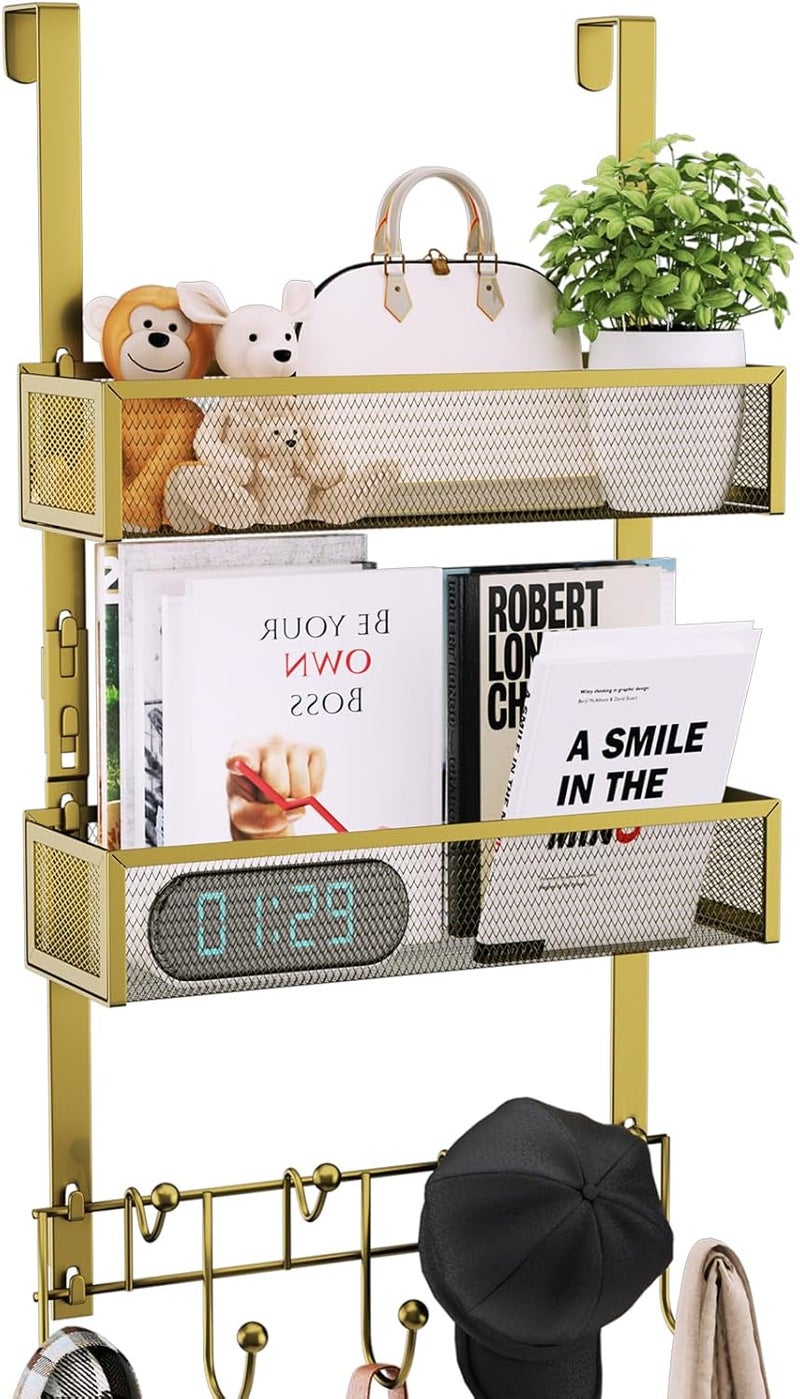 Consumest Over The Door Hooks Organizer - Extra Long Door Hanger with 9 Coat Hooks & 2 Mesh Basket, Back Storage Organizer Hanging Towels for Bathroom, Bedroom, Gold (for 1.76 in Doors) - Image 1
